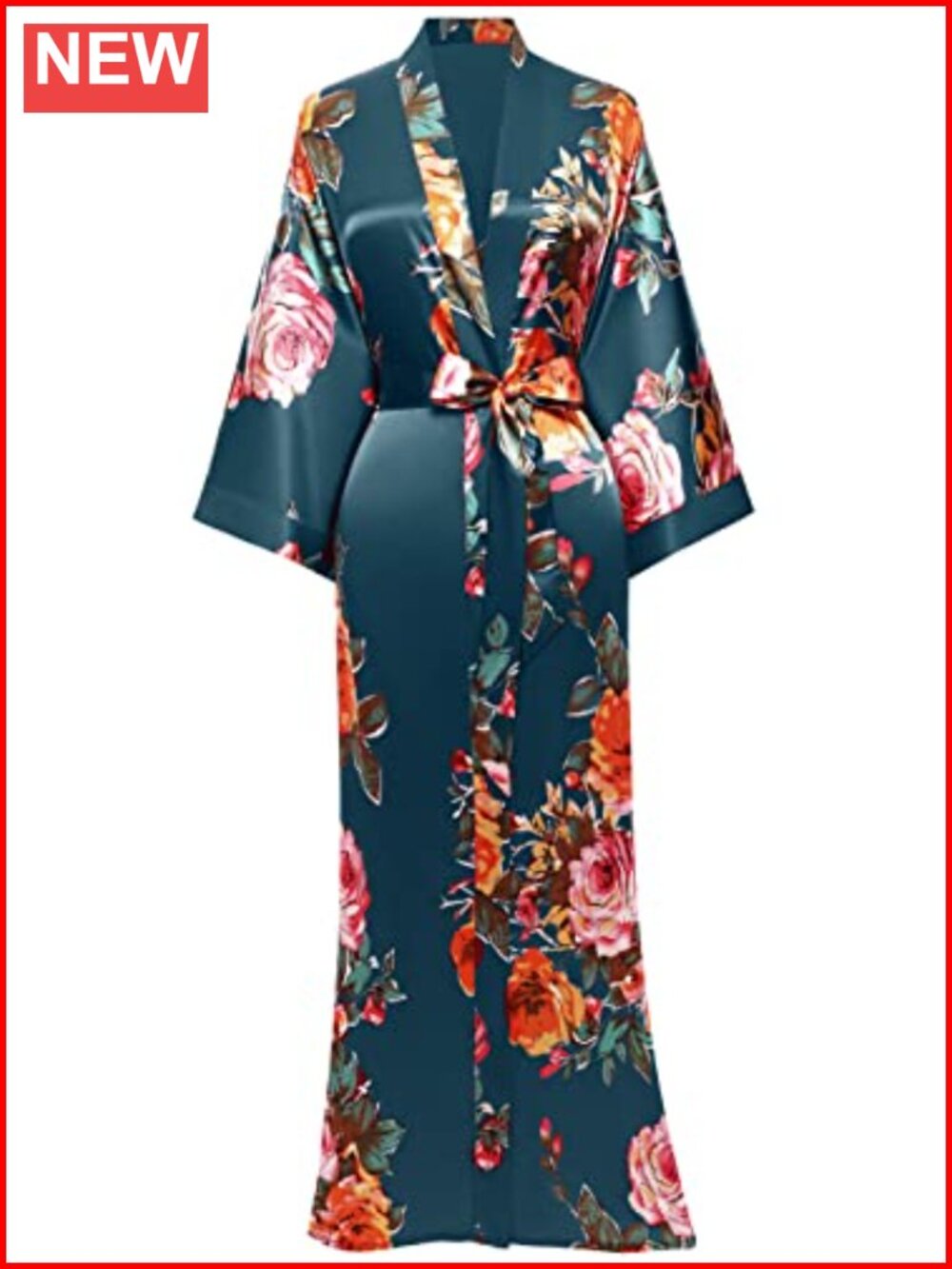 Satin Kimono Robe Long Floral Lounge Wear with Pockets Sash Tie